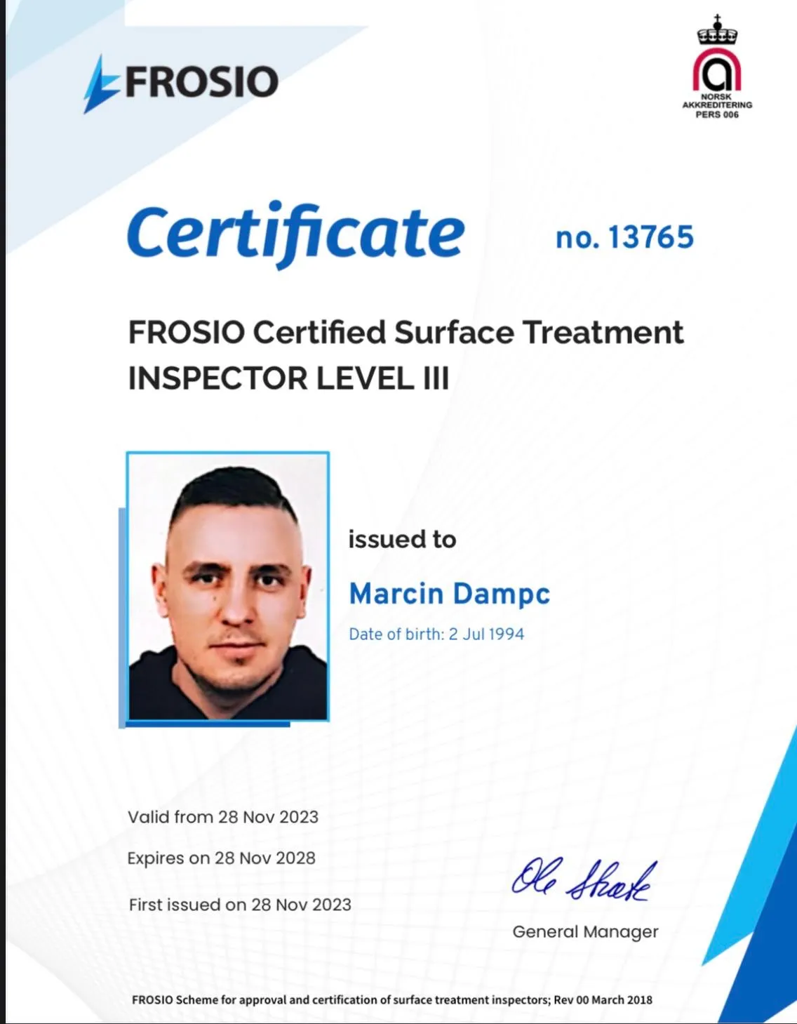 Certyfikat FROSIO Level III